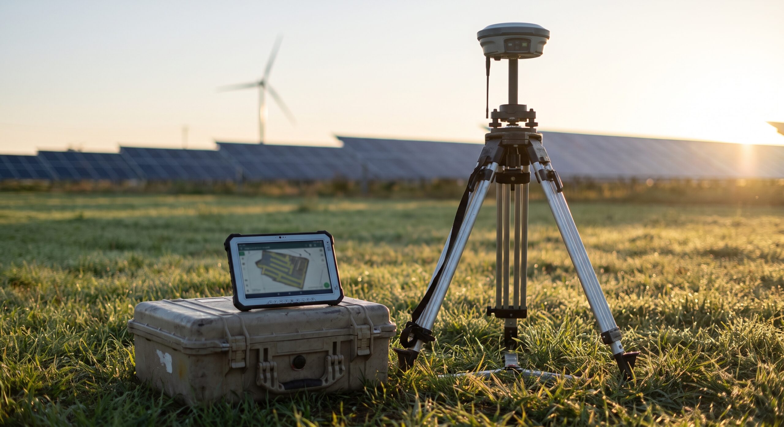Strumento di rilievo topografico su treppiede in un campo agricolo, con tablet e mappa del sito