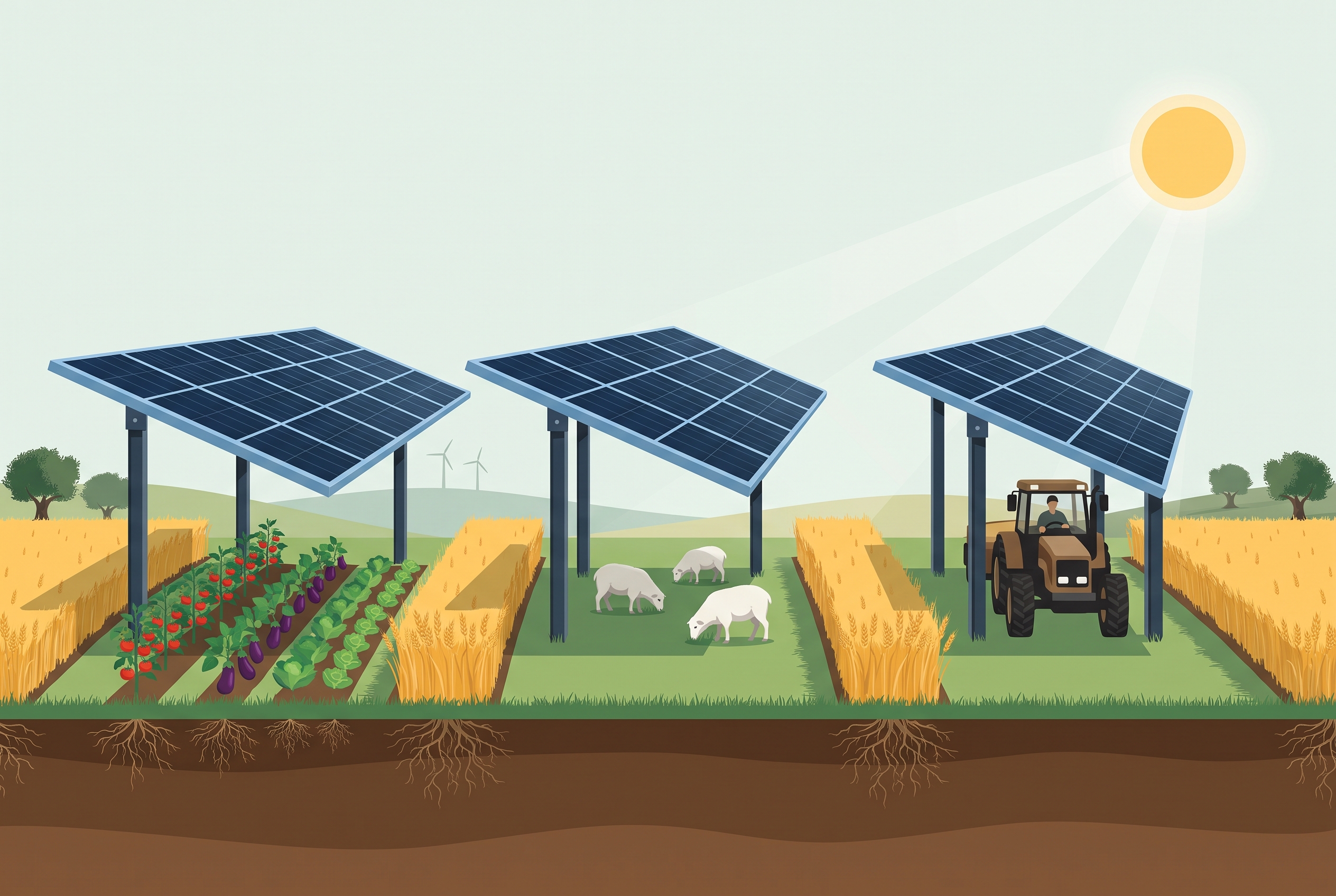 Illustrazione in sezione di un impianto agrovoltaico: pannelli sopraelevati con ortaggi, pecore al pascolo e un trattore sotto i moduli, campi di grano tra le file e suolo con radici