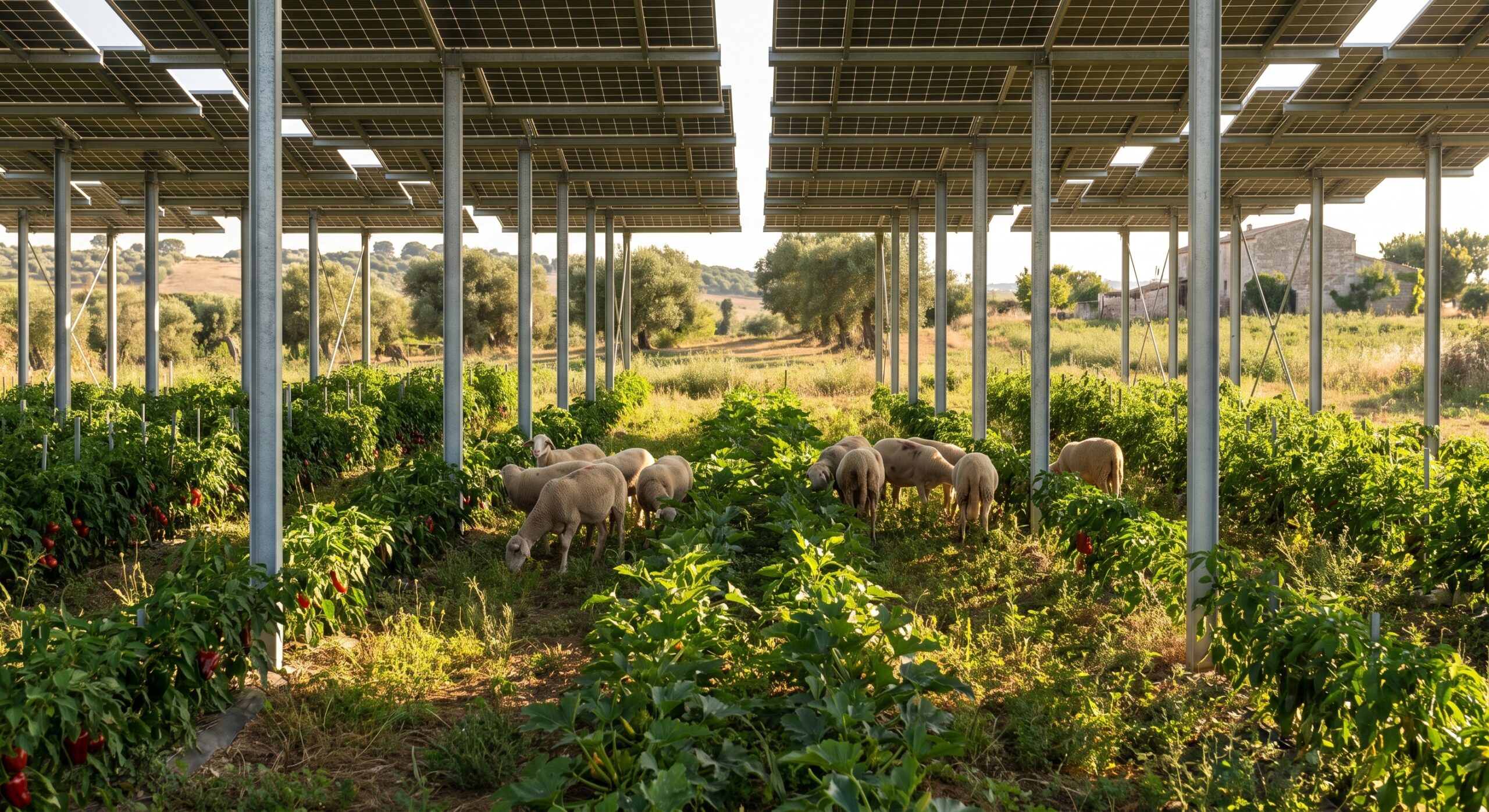 Pannelli agrovoltaici sopraelevati con colture e pecore al pascolo sotto i moduli