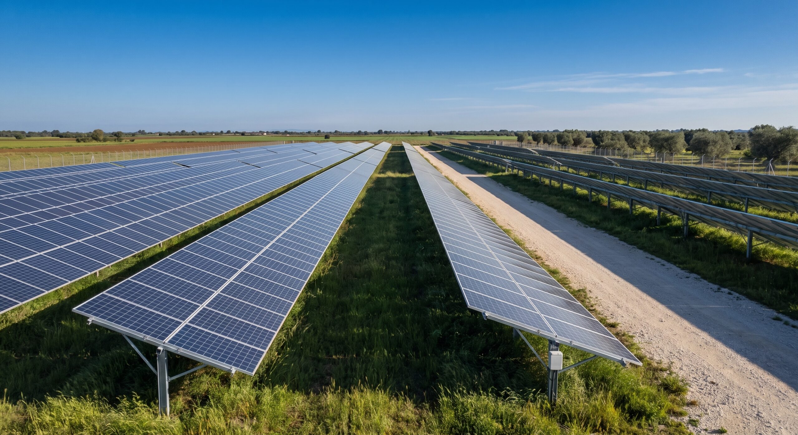 Impianto fotovoltaico a terra con file di pannelli su terreno agricolo pianeggiante